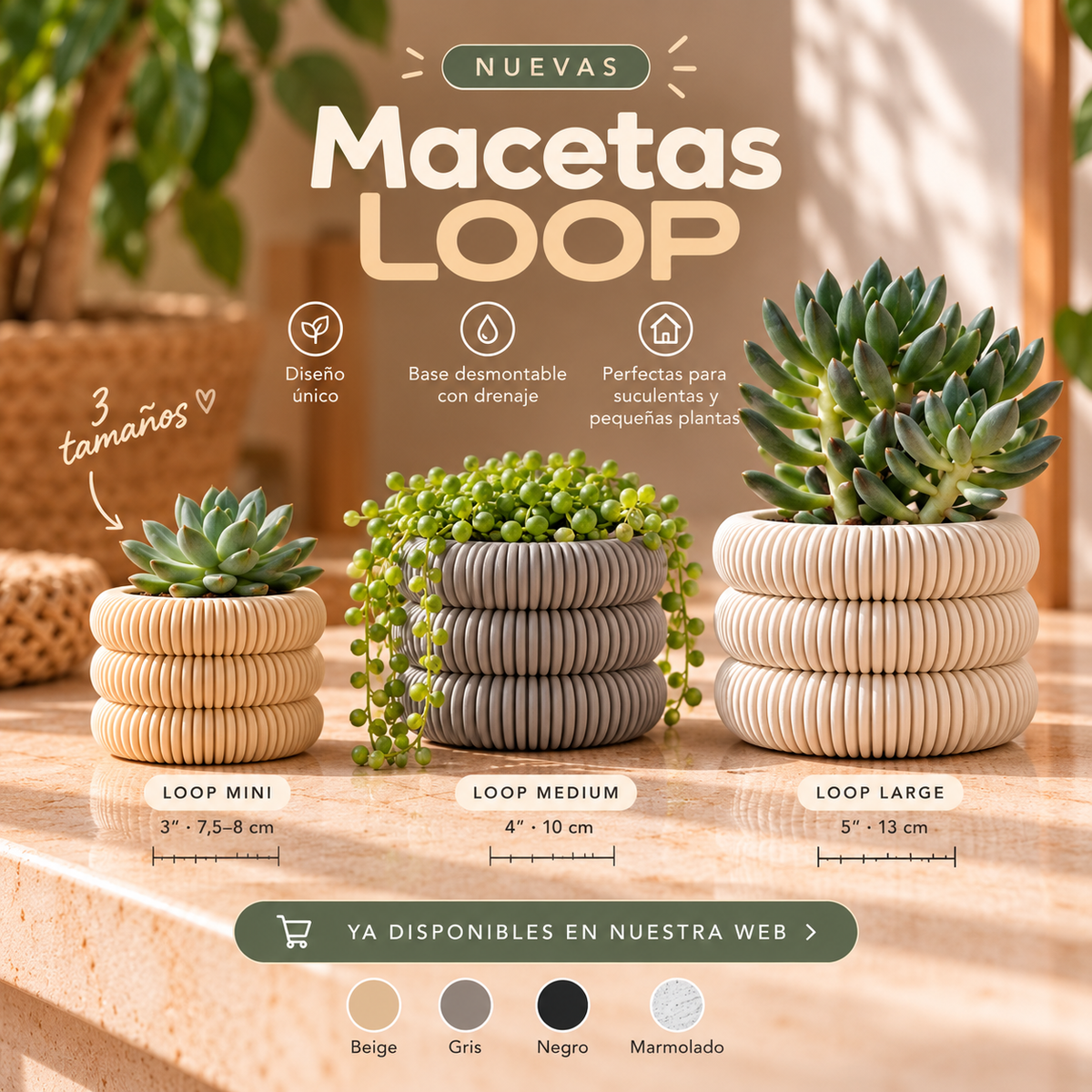 Macetas LOOP Mini de 7,5–8 cm, Medium de 10 cm y Large de 13 cm, disponibles en Beige, Gris, Negro y Marmolado