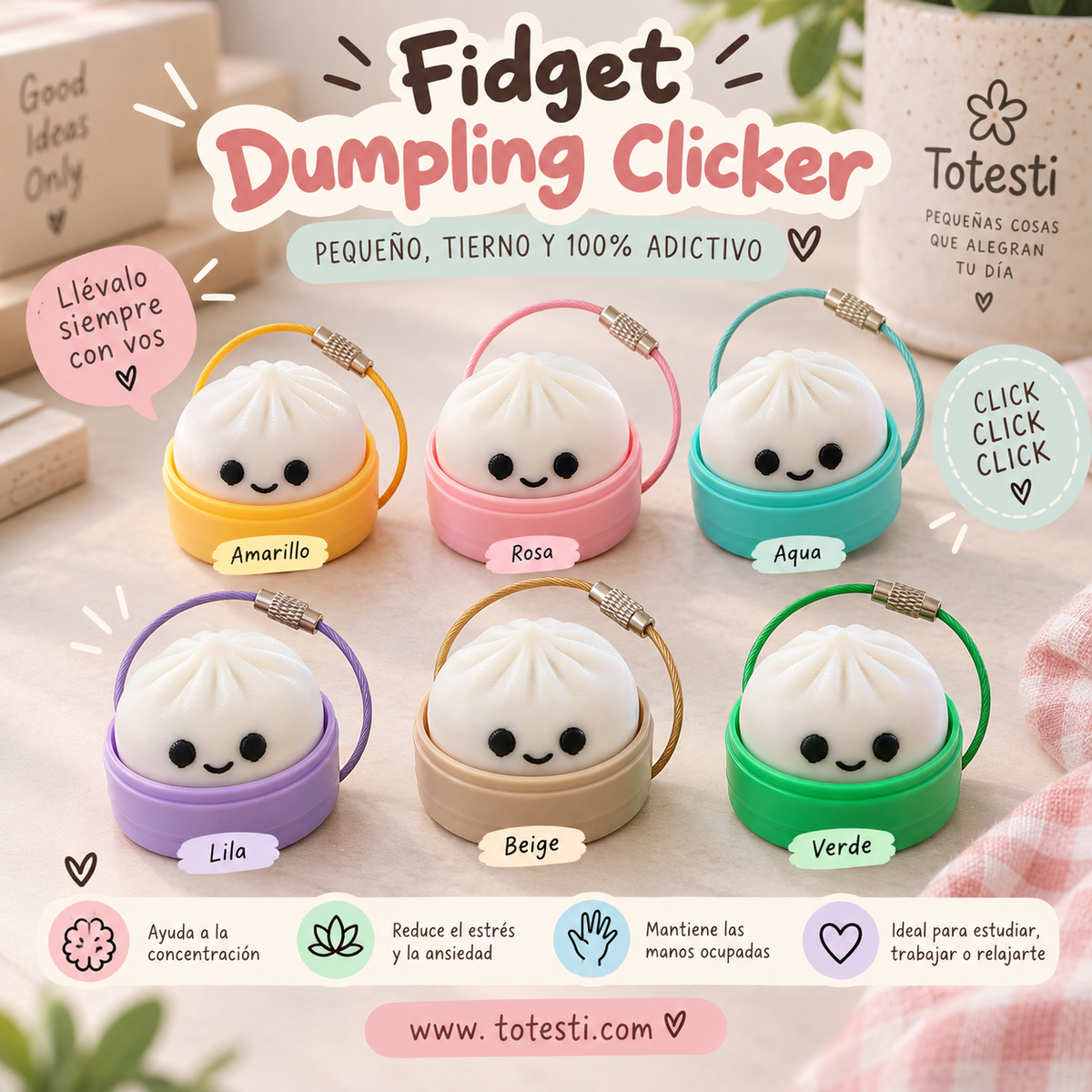 Llavero Fidget Dumpling Clicker Totesti en amarillo, rosa, aqua, lila, beige y verde