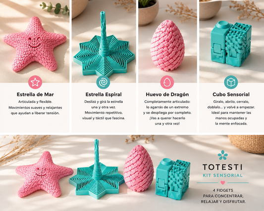 Kit Sensorial Totesti con estrella de mar, estrella espiral, huevo de dragón y cubo sensorial