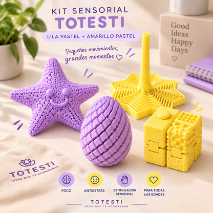 Kit Sensorial Totesti en lila pastel y amarillo pastel