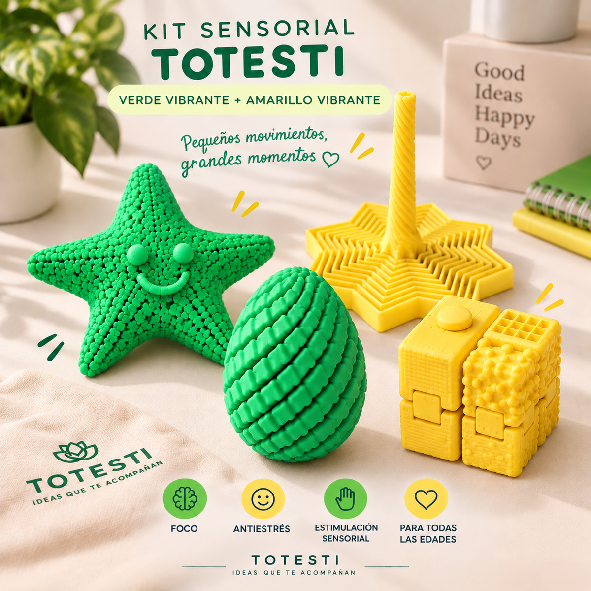 Kit Sensorial Totesti en verde manzana y amarillo vivo