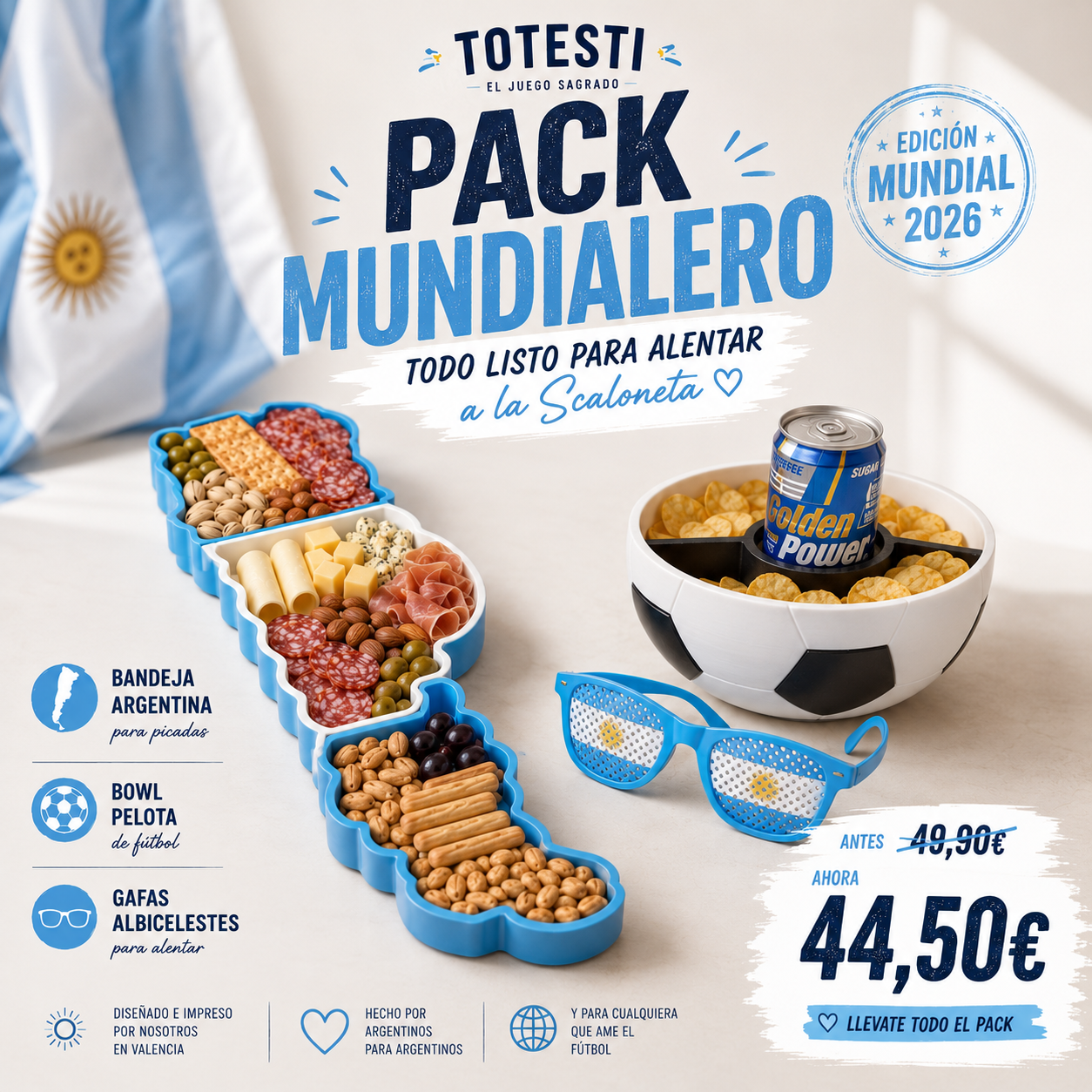 Pack Mundialista Totesti con bandeja Argentina, bowl pelota, porta lata y gafas albicelestes