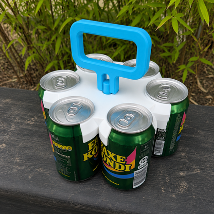 Six Pack Spinner Totesti con seis latas sobre mesa