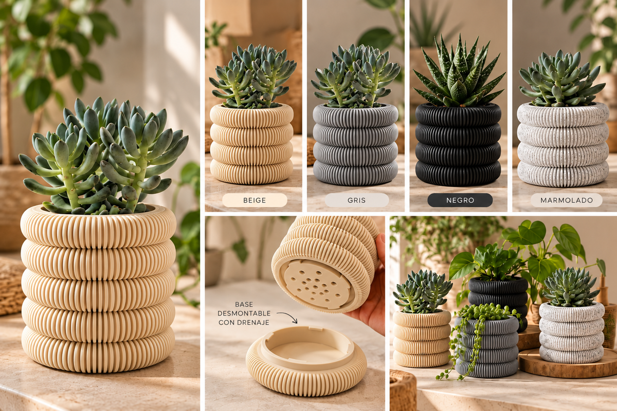 Maceta LOOP: acabados Beige, Gris, Negro y Marmolado y base desmontable