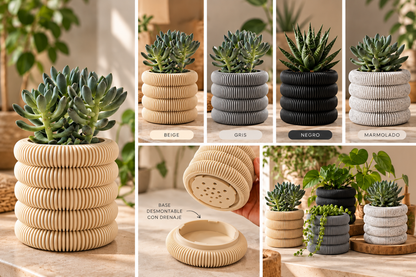 Maceta LOOP: acabados Beige, Gris, Negro y Marmolado y base desmontable