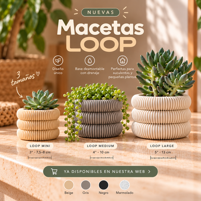 Macetas LOOP Mini de 7,5–8 cm, Medium de 10 cm y Large de 13 cm, disponibles en Beige, Gris, Negro y Marmolado