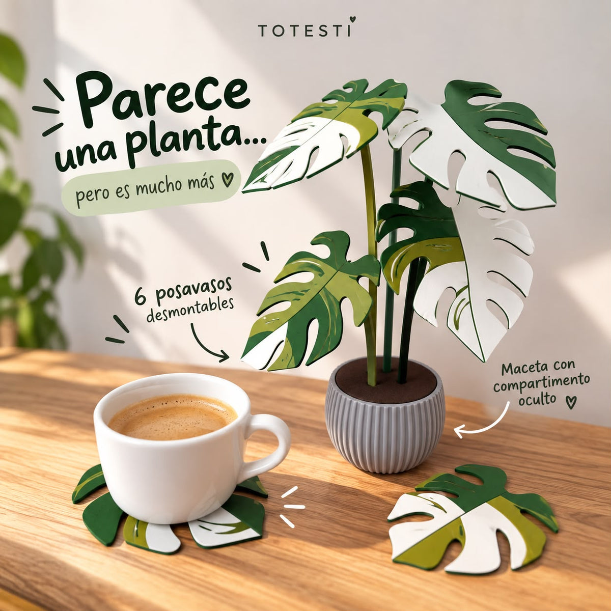Monstera Totesti: planta decorativa, 6 posavasos y compartimento oculto