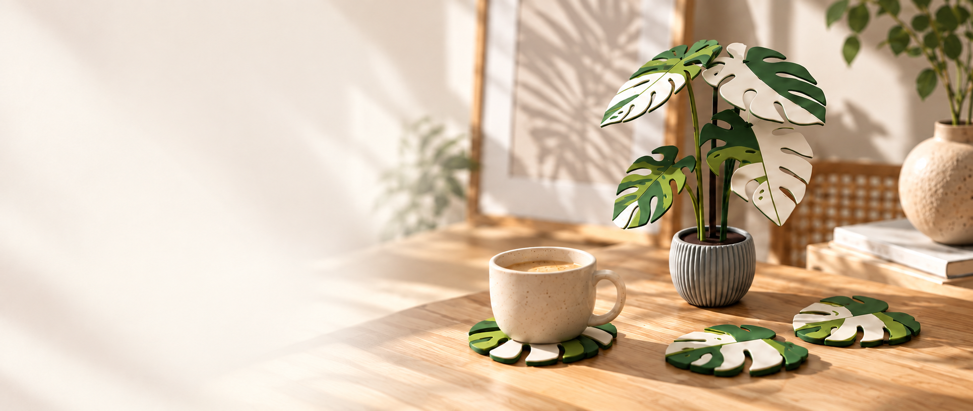 Monstera decorativa con una taza apoyada sobre su posavasos desmontable en forma de hoja